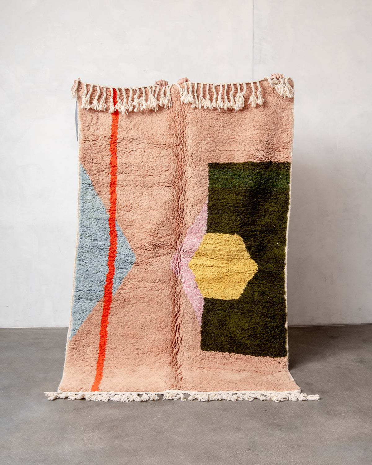 Modern, designer, handcrafted Berber rug from Morocco. Beniourain carpet with beautiful colours and patterns and fluffy wool texture.